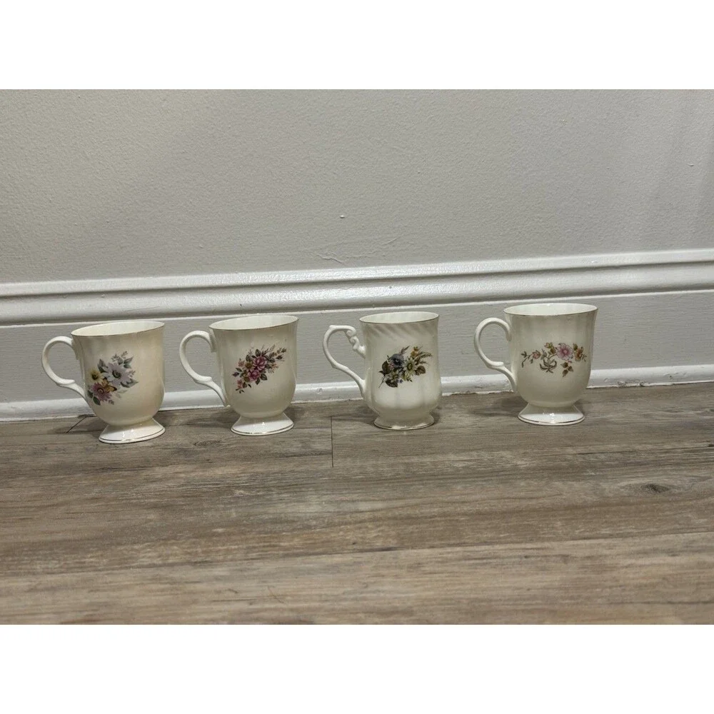 Vintage Set Of 4- Kings Court Coffee Cup Flower Mugs- India Fine Bone China